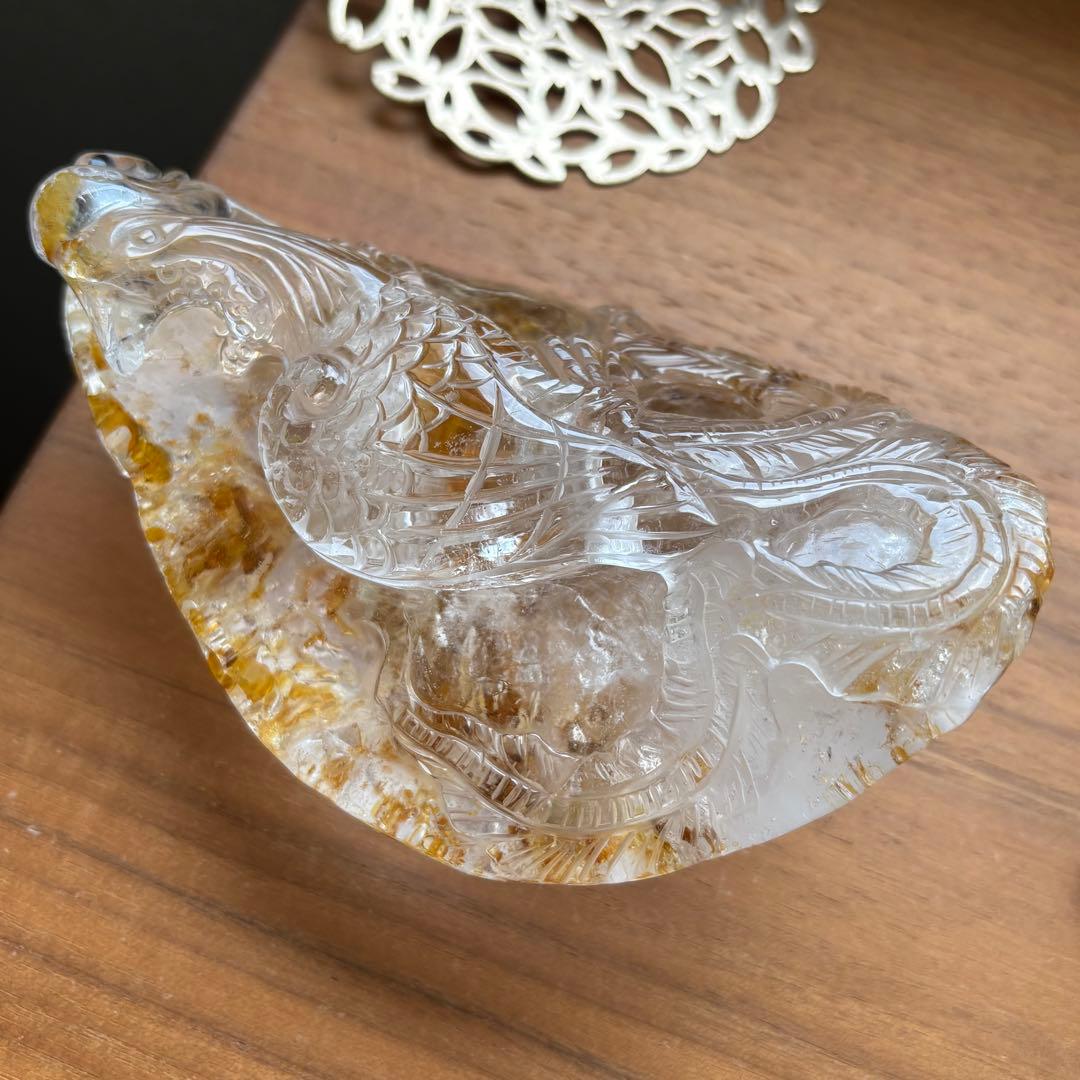 天然石 ゴールデンヒラー共生水晶 鳳凰 置物663g