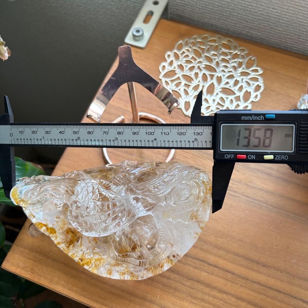 天然石 ゴールデンヒラー共生水晶 鳳凰 置物663g