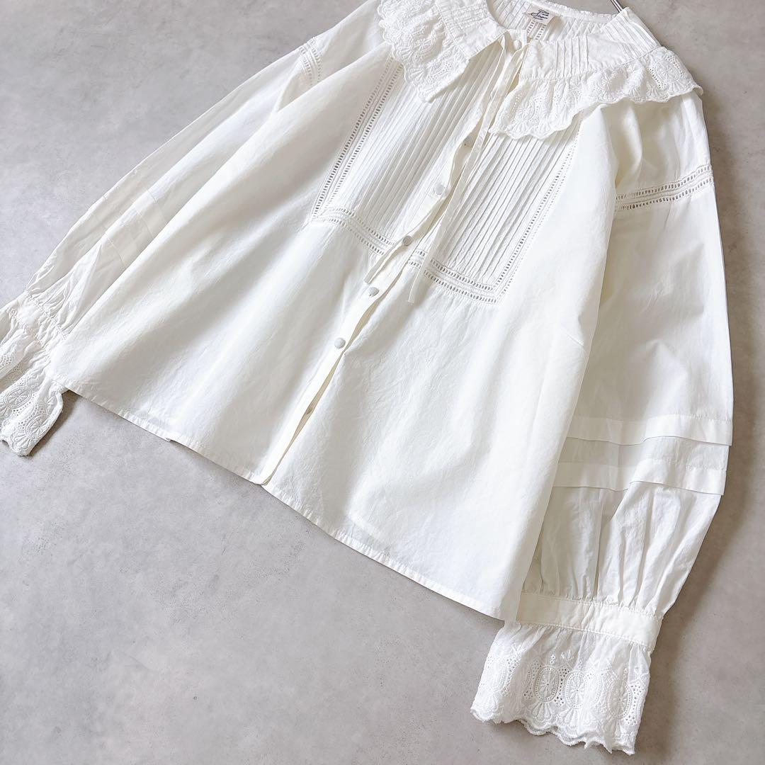 ドットアンドストライプス ピンタック レースブラウス 白 コットン F