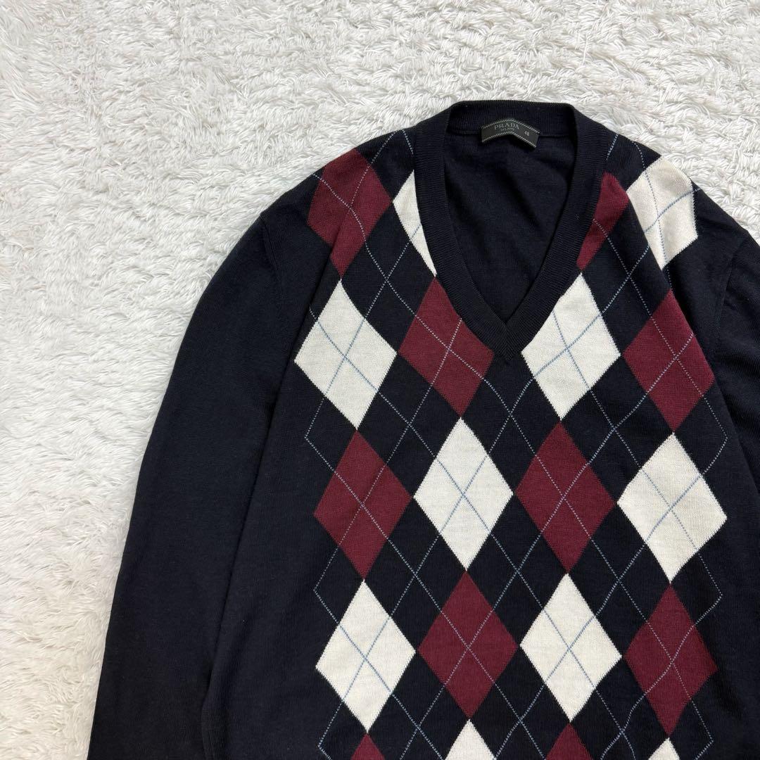 394【美品・48サイズ】プラダ☆アーガイル柄Vネックニット セーター 市川隼基