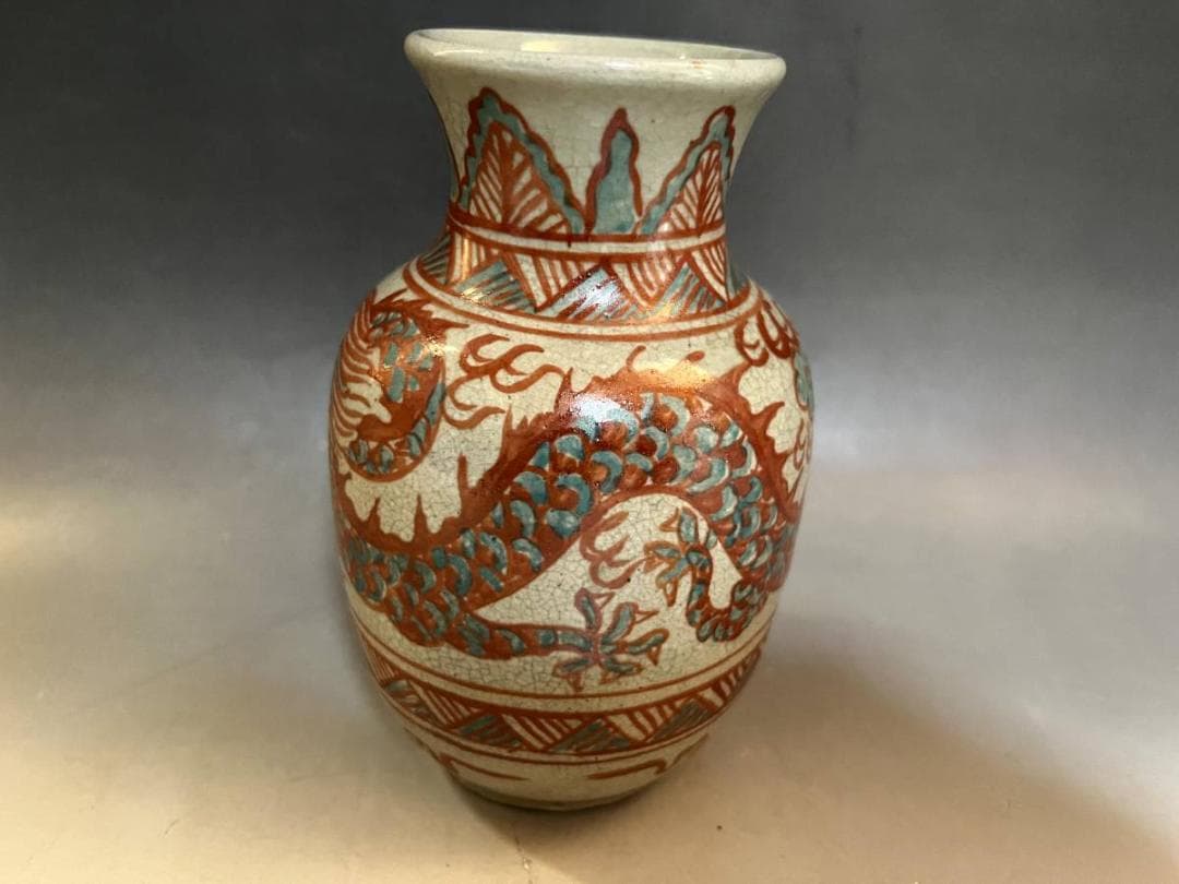 花瓶■古い赤絵龍文口広瓶 花器 花生け 置物 古玩 唐物 中国 時代物 骨董品■