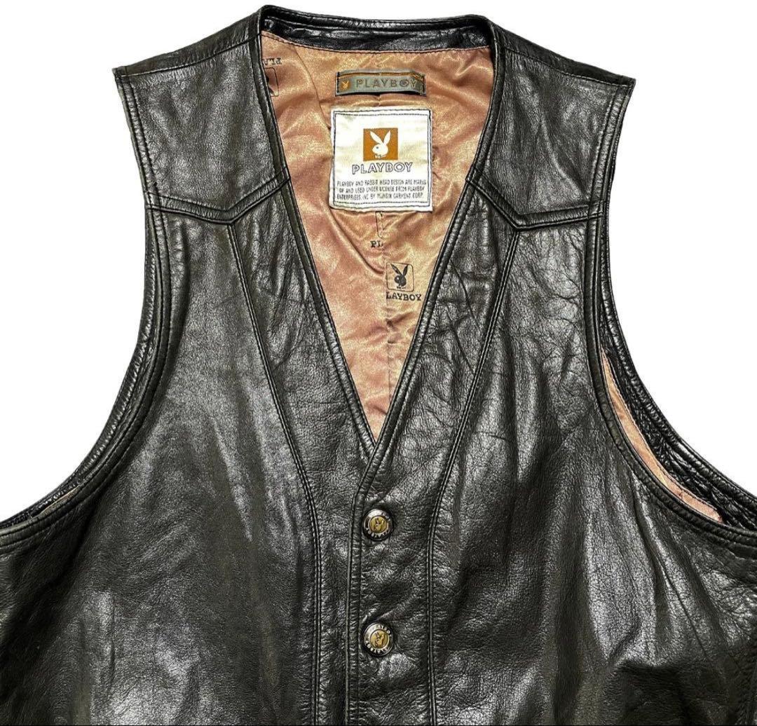 ヴィンテージ PLAYBOY プレイボーイL本革 レザーベスト ブラック山田蓮