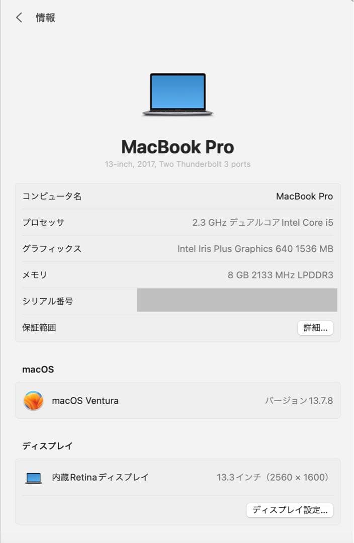 【即使用可・箱付】MacBook Pro 2017 13インチ128GB 8GB