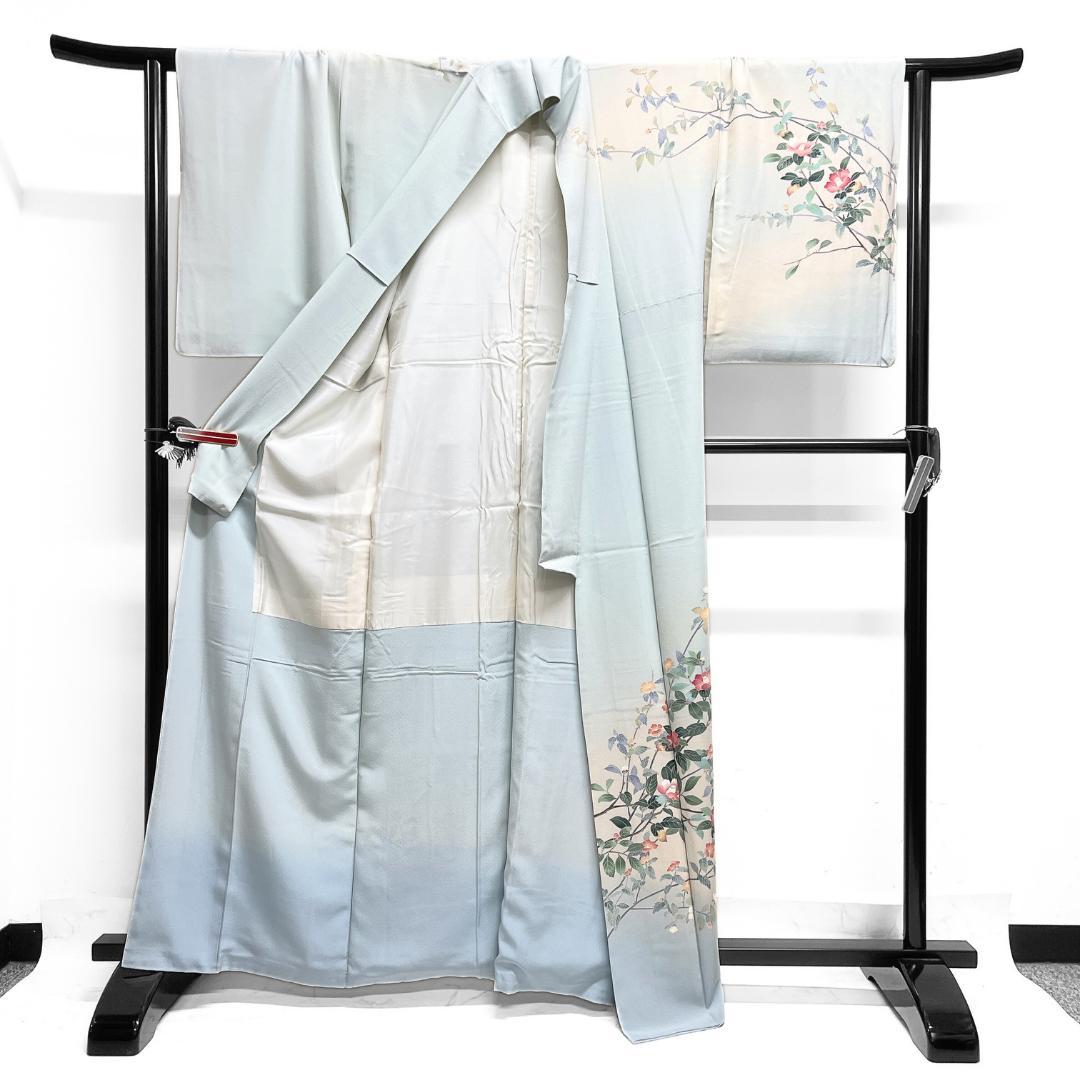 作家もの　訪問着　京加賀友禅　椿　ライトブルー　紋無し　着物　124b d ms