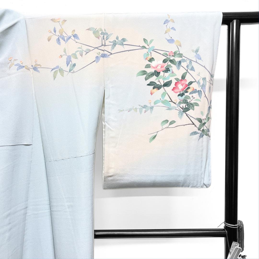 作家もの　訪問着　京加賀友禅　椿　ライトブルー　紋無し　着物　124b d ms