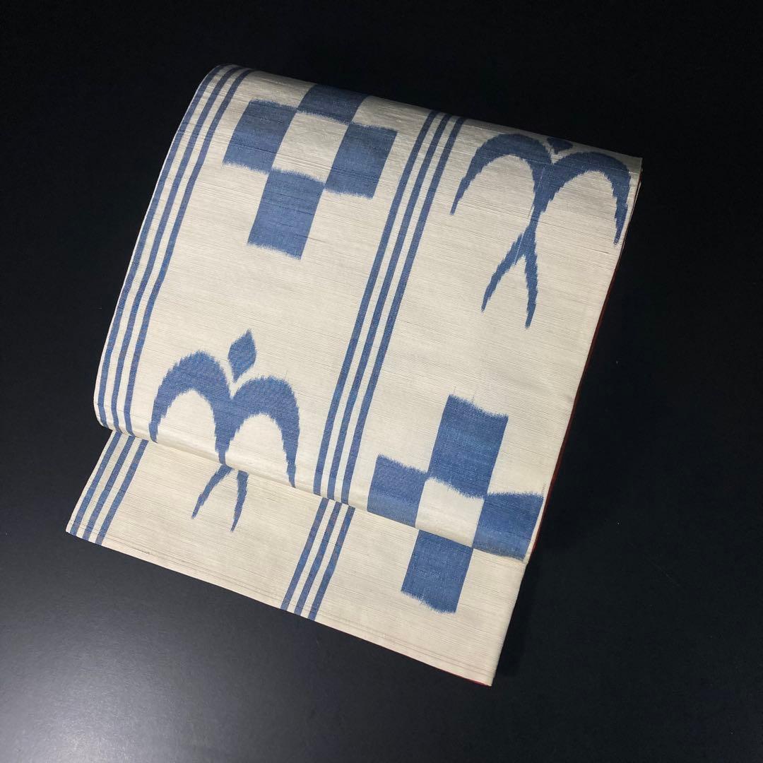 ZF-1343 袋帯 琉球絣 紬 燕 市松 美品 正絹 全通 お洒落