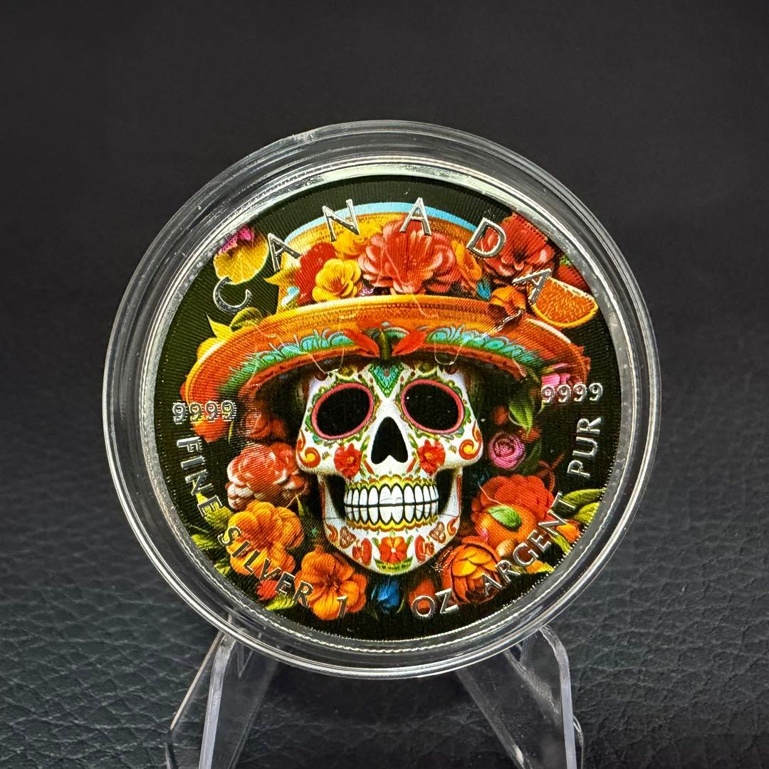 世界100枚限定！ メイプルリーフ 銀貨 カラー メキシカンスケルトン 1オンス