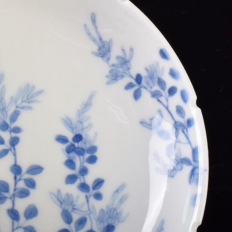 鍋島焼　染付　萩文　五寸皿　輪花皿　時代箱　V　R8110