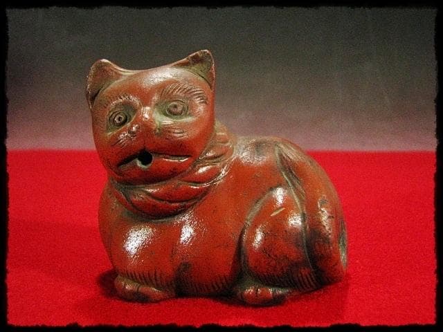 古備前 猫 水滴 ねこ ネコ 水注 朱泥 書道具 文房具 時代箱 kc304