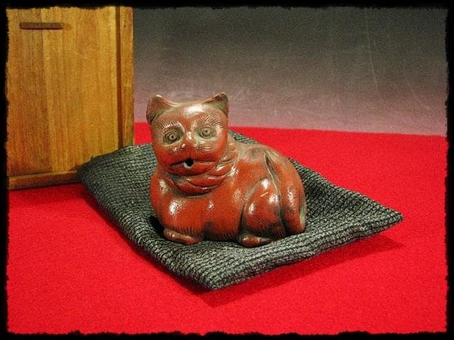 古備前 猫 水滴 ねこ ネコ 水注 朱泥 書道具 文房具 時代箱 kc304