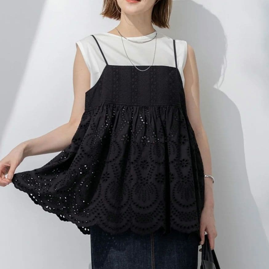 新品 23区【洗える】コットンエンブロイダリー キャミソール 44 ブラック系