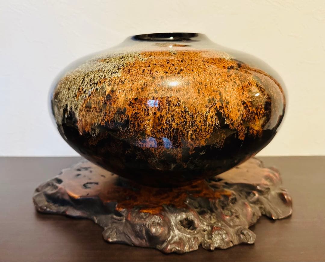 南紀 御浜窯 服部勘峰 作☆錦絹雪映文 黒釉 大花瓶☆茶華道 銘入り 極美品