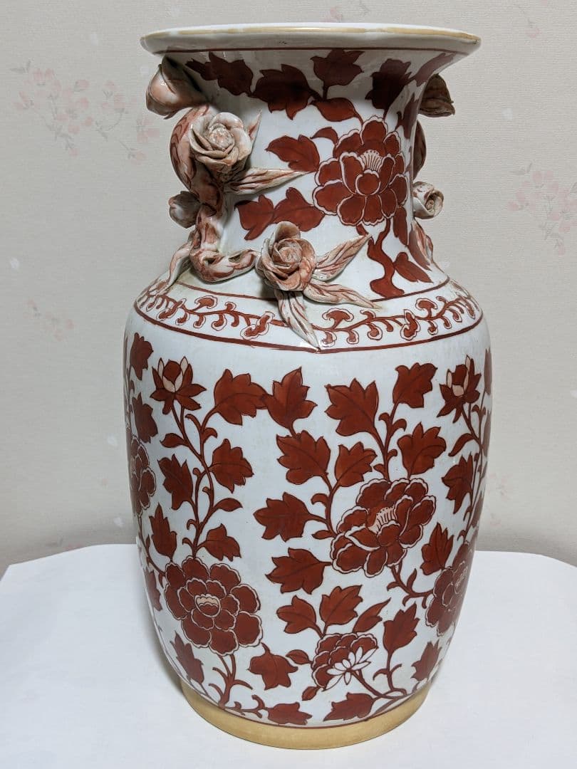 ♦中国陶磁器 紅釉花卉文様 貼花 蕾花双耳瓶 花瓶 民国時代 華東堂製 骨董品