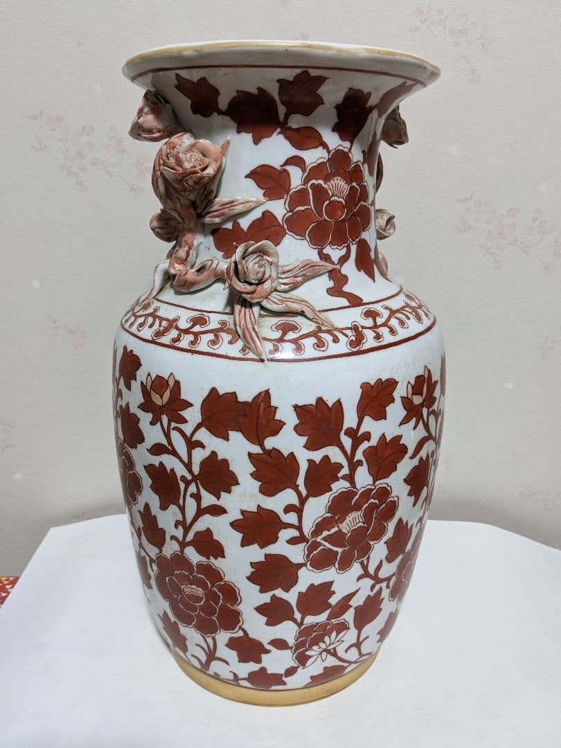 ♦中国陶磁器 紅釉花卉文様 貼花 蕾花双耳瓶 花瓶 民国時代 華東堂製 骨董品