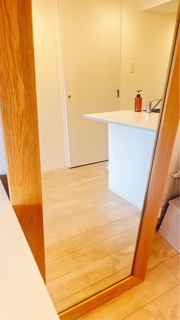 ワイドミラー　チーク　無垢　スタンドミラー　無垢材