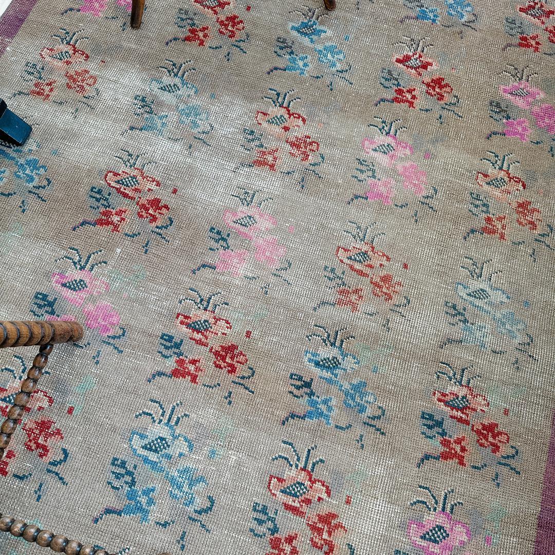 トルコヴィンテージラグ A73 大判 高級 レア グレージュ ピンク ブルー