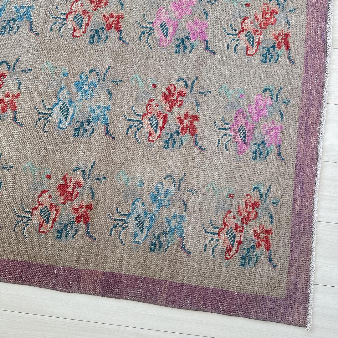 トルコヴィンテージラグ A73 大判 高級 レア グレージュ ピンク ブルー