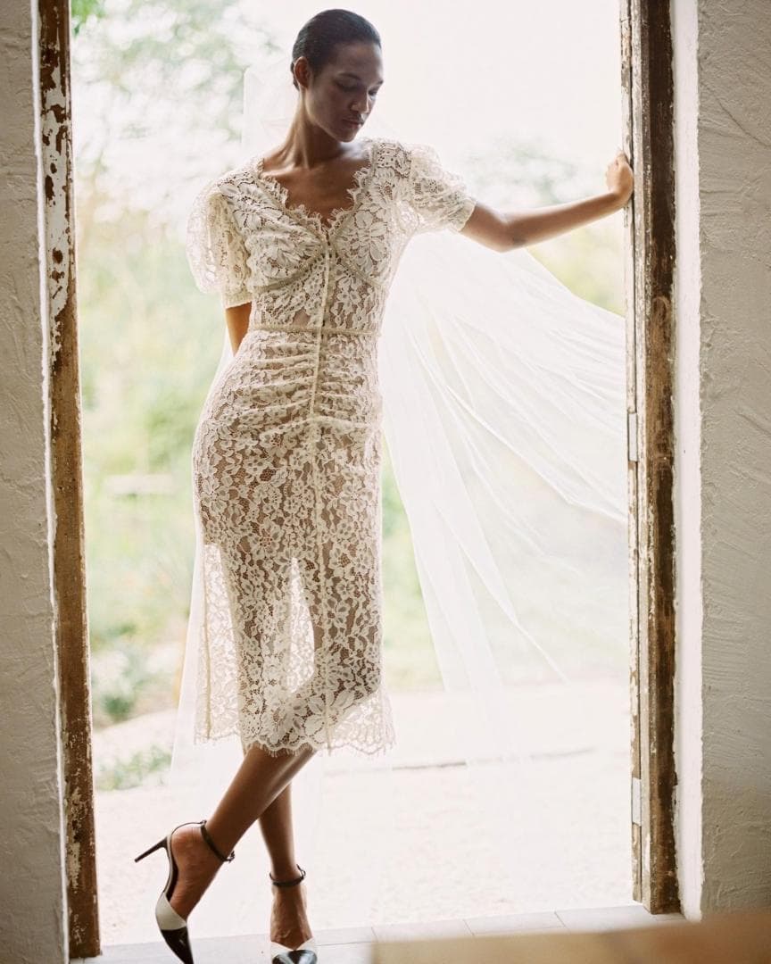 m*様 セルフポートレイト ワンピース ペプラム レース UK8 未使用 結婚式