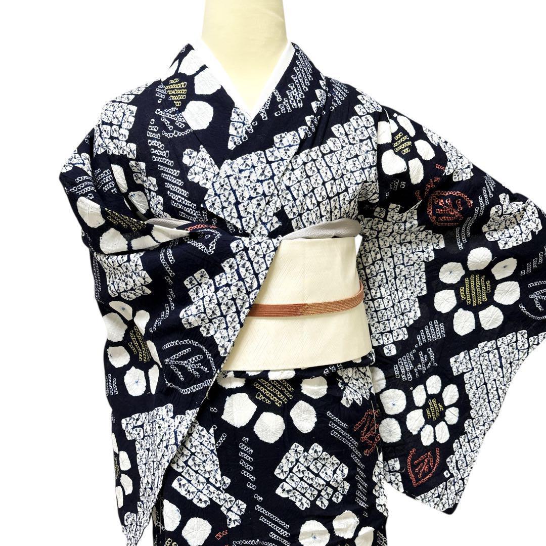 A61有松鳴海絞り 高級浴衣 綿　手縫い仕立て　仕付け糸　美品