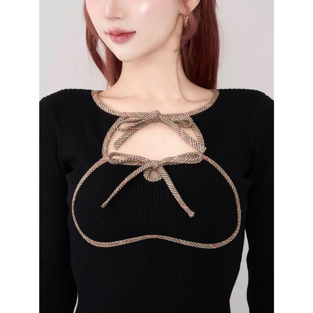 新品タグ付 ダーリッチ ブラック FL ポイントチェックニットミニワンピース