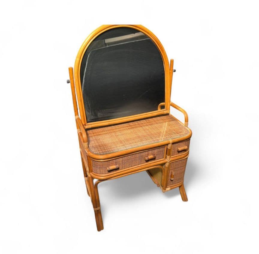 【配送不可、現地引取のみ】ラタン製ドレッサー・鏡台 アーチ型ミラー