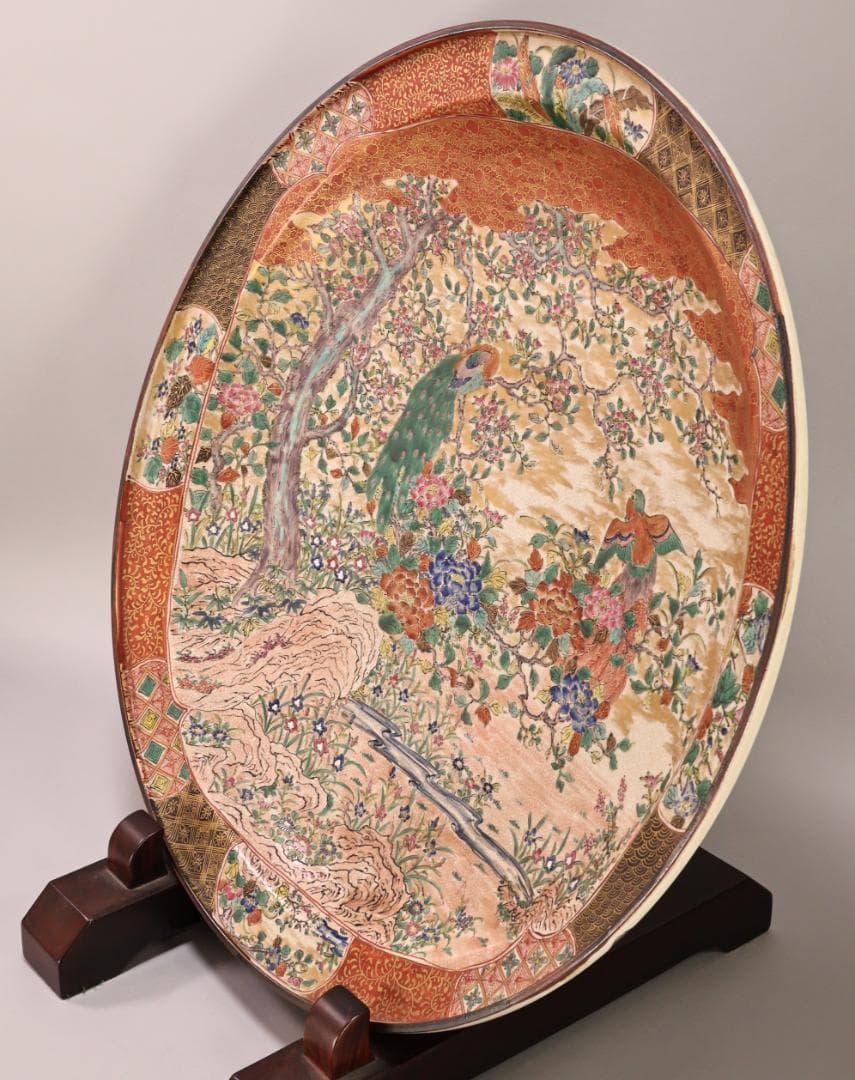 BK439　古九谷青手庄三造乃図　飾皿　二重角福　共箱　大皿　直径58㎝