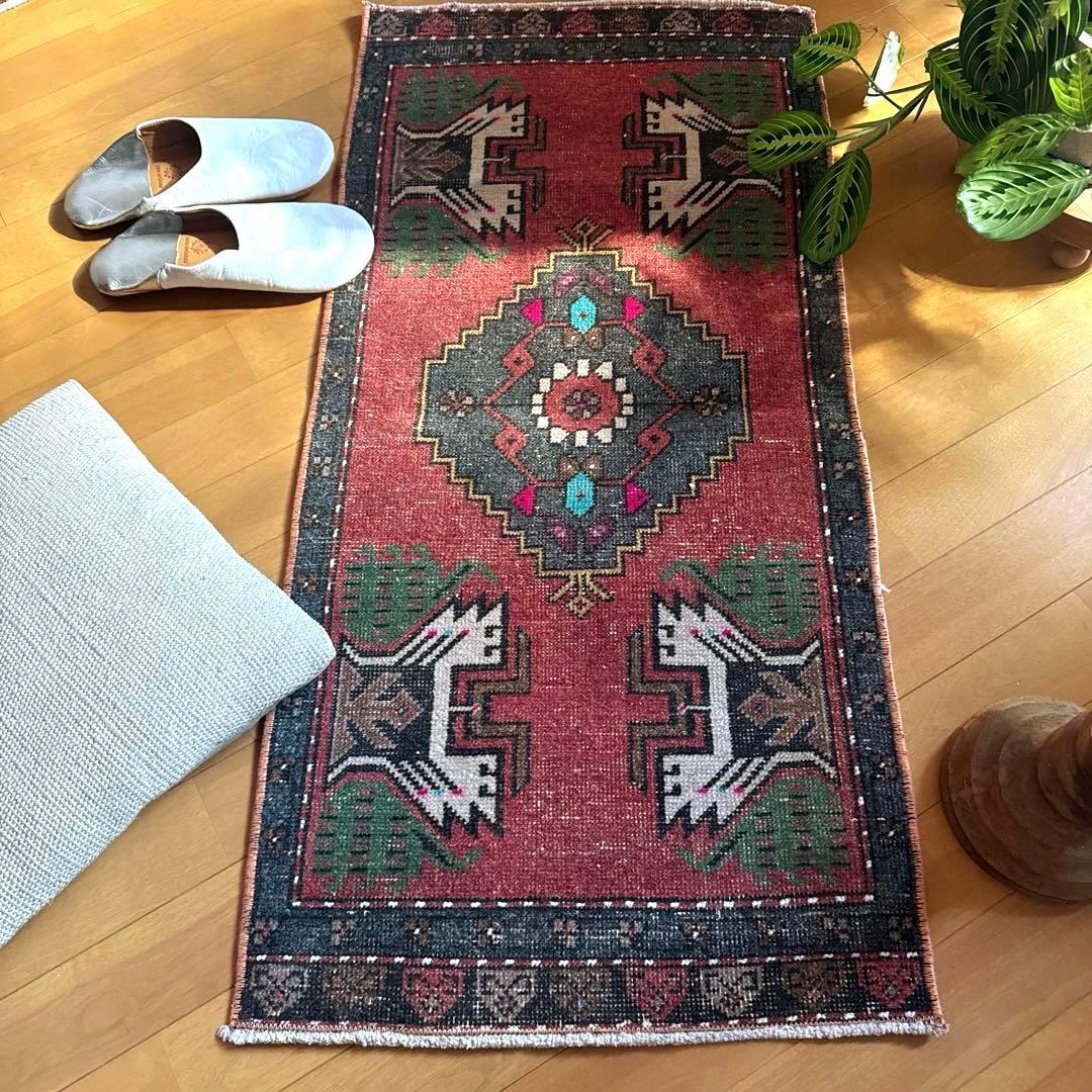 48×102 深みある赤茶色×グレイ　メダリオン　トルコヴィンテージラグ