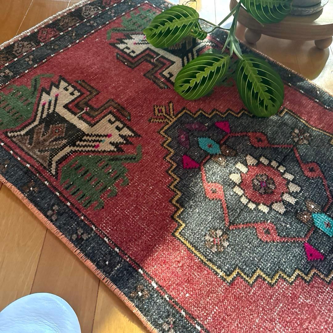 48×102 深みある赤茶色×グレイ　メダリオン　トルコヴィンテージラグ