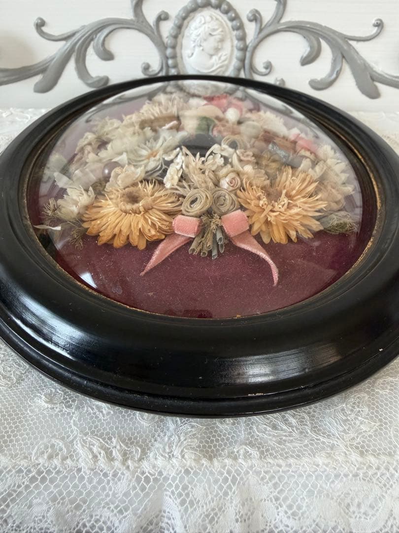 希少 フランスアンティーク お花のメダイヨン オーバルフレーム ドームガラス