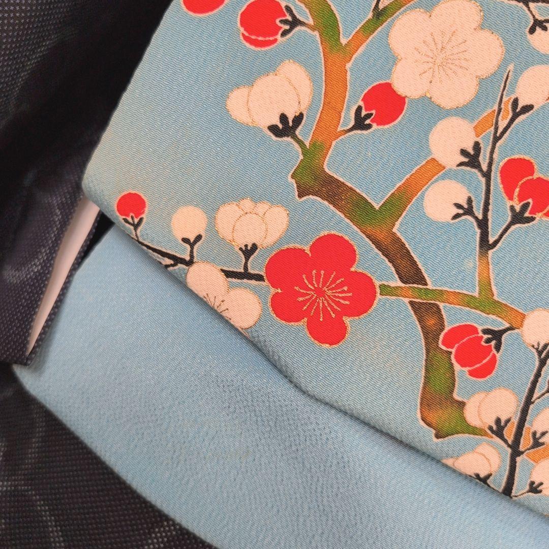 大島紬　フルセット　小紋　着物　正絹　花　帯梅　紺　着物備品　O7