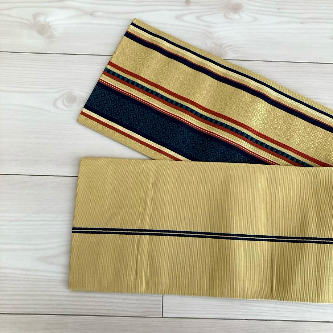 本場筑前博多織　半幅帯　縞模様　織り出し　正絹　タグ付　青海波　No.1-22