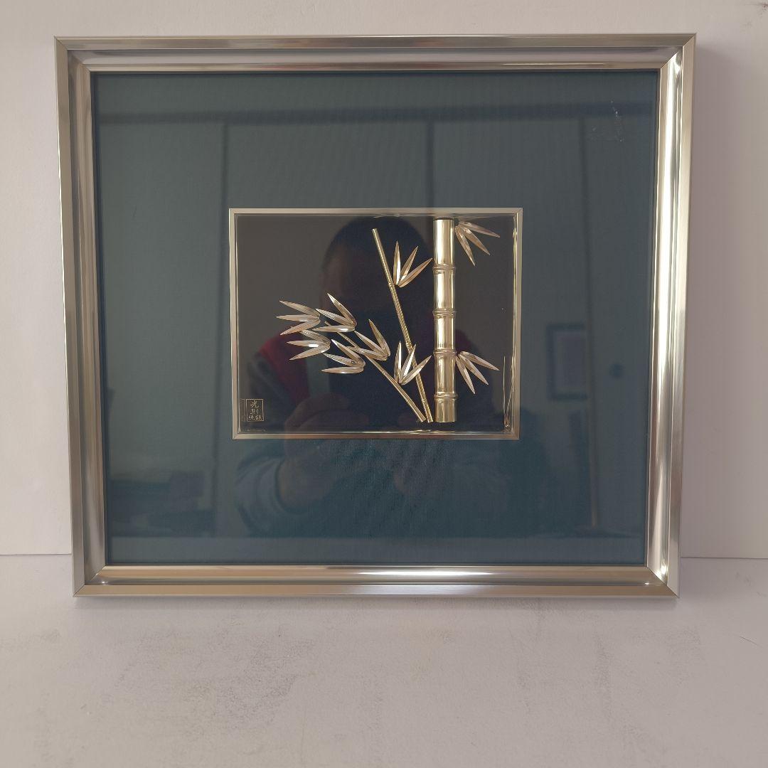 金工師 光則作 純銀製 貴金属画 純銀竹笹図 壁飾り