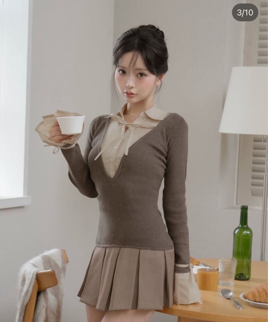 ダーリッチ　シャツドッキングプリーツミニワンピース　モカ