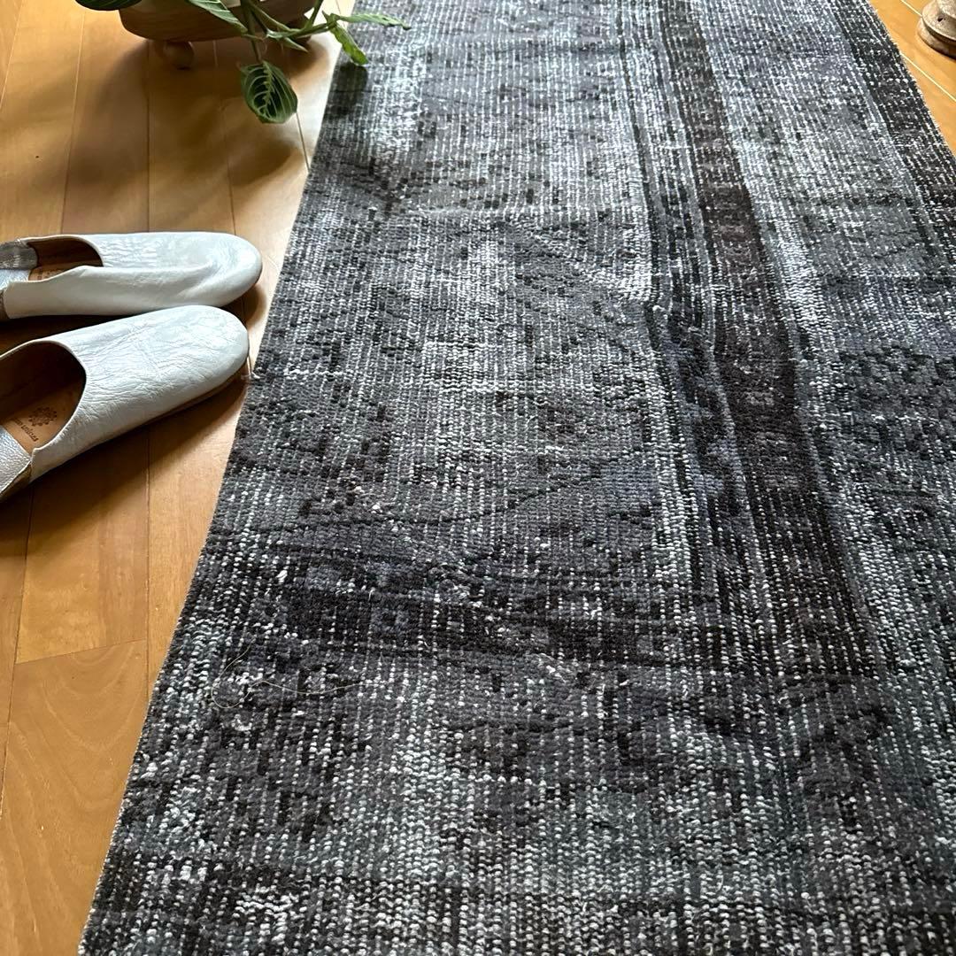 62×137.5 ダークグレイオーバーダイ　ボタニカル　トルコヴィンテージラグ