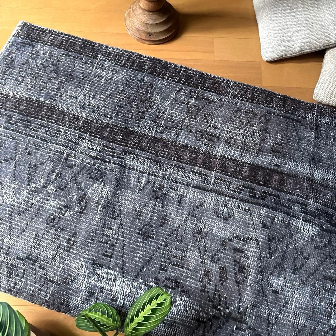 62×137.5 ダークグレイオーバーダイ　ボタニカル　トルコヴィンテージラグ