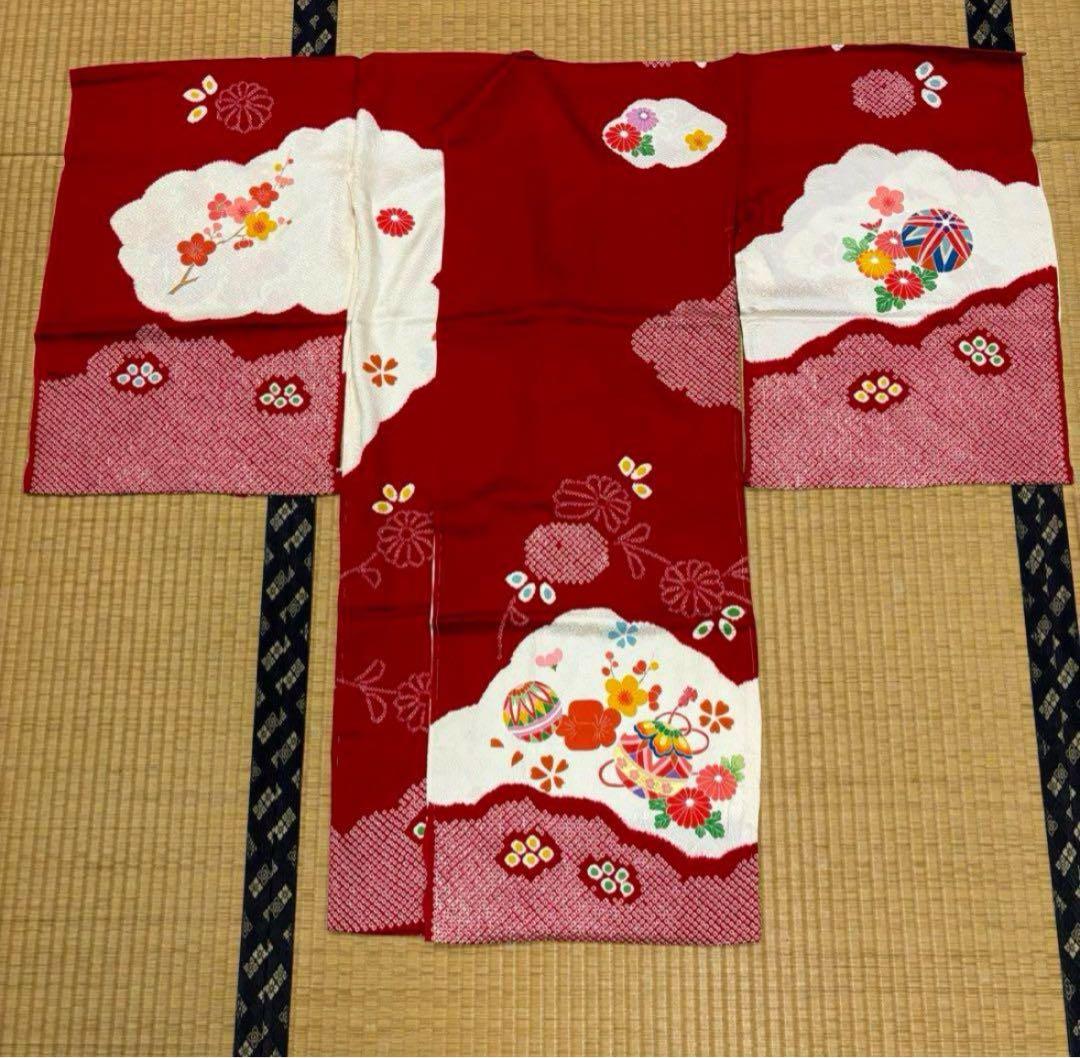 七五三　三ツ身女の子着物　正絹　仮絵羽　赤　豪華絞り　可愛い手毬柄　梅　鈴