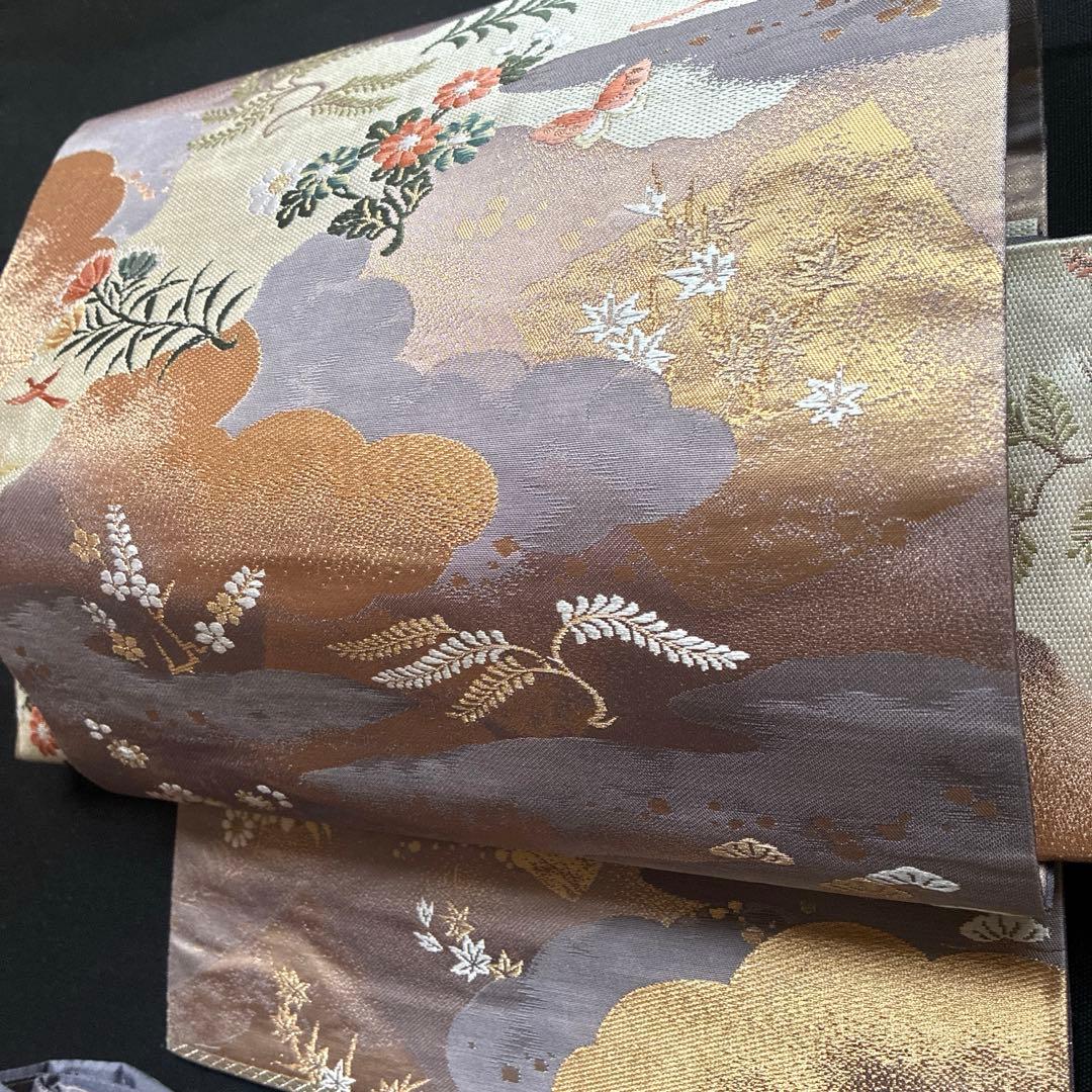 逸品 金 鳥 桜 蝶々 菊 松 正絹 袋帯 二重太鼓 作り帯
