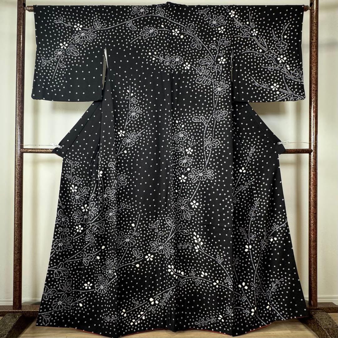 超美品　正絹　訪問着　付け下げ　着物　168裄69 トールサイズ　黒　白　絞り