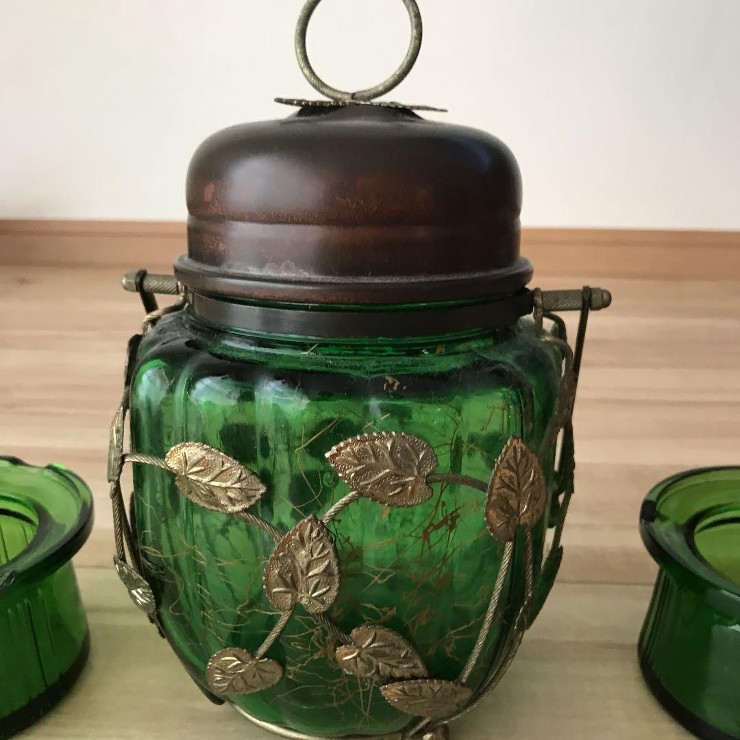 昭和レトロ＊オルゴール付グリーンガラスポット「乙女の祈り」同色アッシュトレイ2個