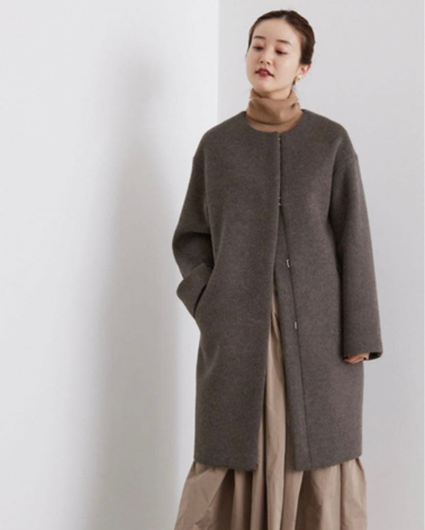 IÉNA ラムウールノーカラーコート　グレー　 38 ミドルコート　長袖
