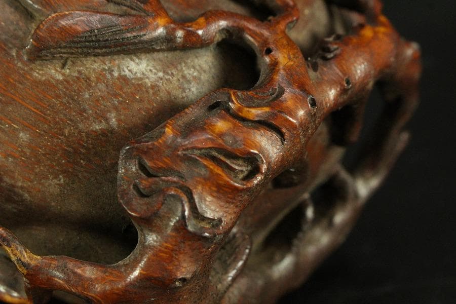 中国美術 竹根 刻 蓮花 碗 洗 13cmx9cm 文房四宝(K-LC561)