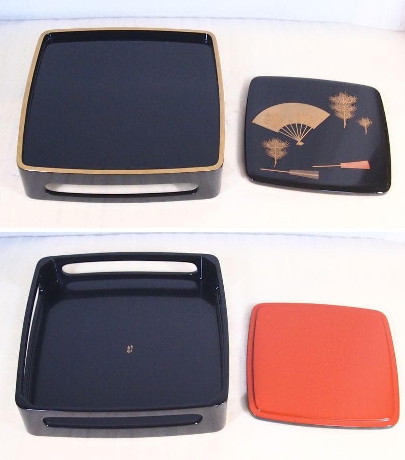 【美品】輪島塗 わじま慶塚 扇面に松蒔絵 四段重箱 台付き＆屠蘇器 お重/酒器