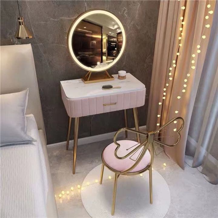 オシャレドレッサー　グレー　デスク引き出し1杯LEDミラー　椅子　棚4点セット