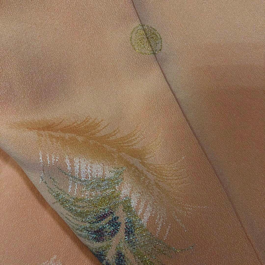 アンティーク　正絹マジョリカ小紋　一つ紋　淡コーラルに羽根模様＋袋帯＋ショール