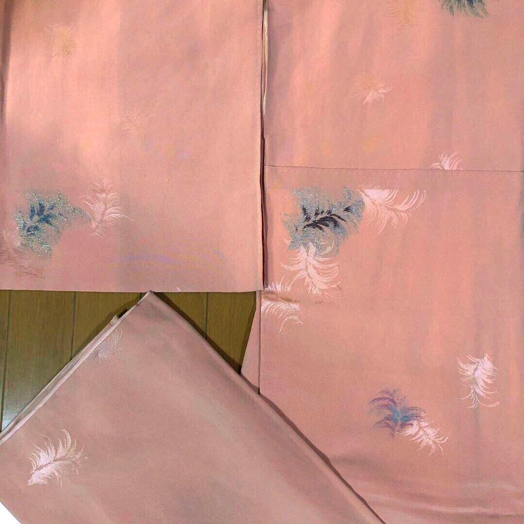 アンティーク　正絹マジョリカ小紋　一つ紋　淡コーラルに羽根模様＋袋帯＋ショール