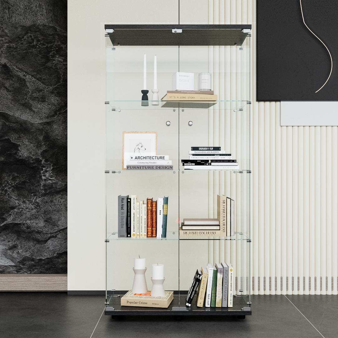 【新品】フィギュアケース コレクションケース ガラス 4段ワイド 棚 ブラック