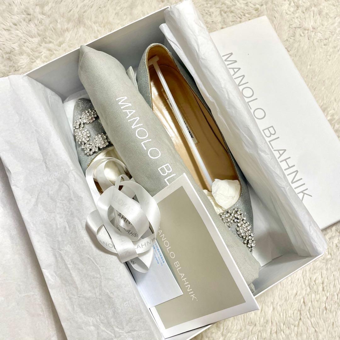 箱付 MANOLO BLAHNIK マノロブラニク ハンギシ グリッターフラット