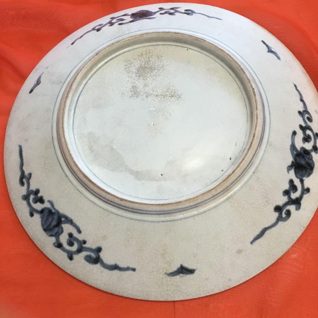 風景画と花模様の茶碗　アンティーク古い　大皿　飾り皿　約39センチ