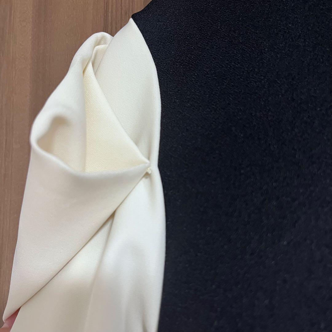 【美品】SEVEN TEN 上品リボンドレープトップスブラック×オフホワイト