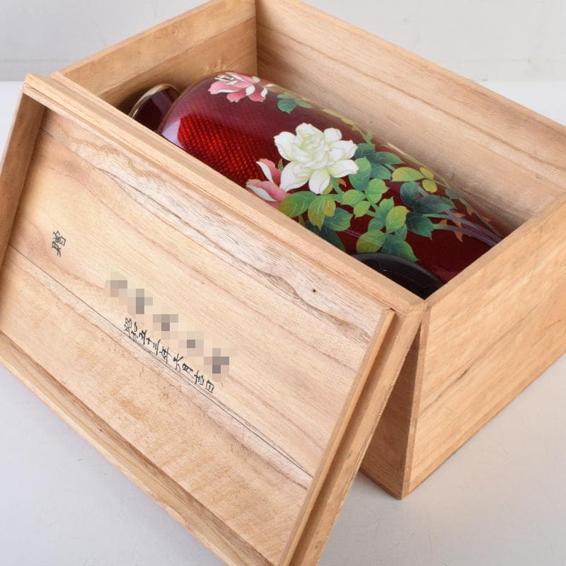 七宝焼　赤透釉　薔薇文　花瓶　唐木台・時代箱付　V　R9466
